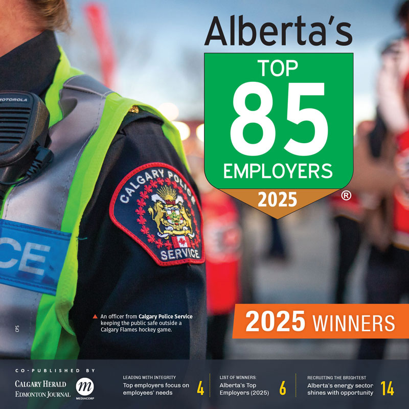 The image shows the cover of a publication titled Alberta's Top 85 Employers 2025, featuring the Calgary Police Service as a highlighted organization. The visual includes a close-up of an officer wearing a Calgary Police Service uniform and safety vest. The publication appears to highlight top employers in Alberta, focusing on categories like integrity, employee needs, and opportunities in the energy sector. It is co-published by the Calgary Herald and the Edmonton Journal.