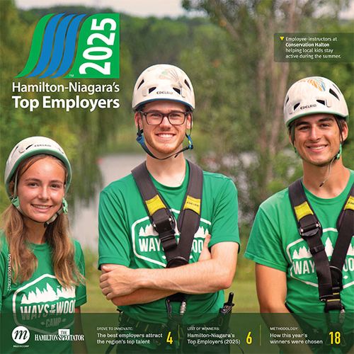 Three camp instructors in green shirts and helmets smile outdoors, featured on the cover of Hamilton-Niagara’s Top Employers 2025.