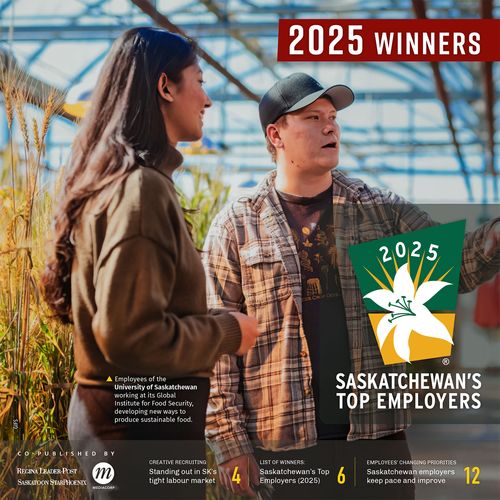 A promotional graphic for 'Saskatchewan's Top Employers 2025' featuring two people talking in a greenhouse. The image includes text highlighting the University of Saskatchewan's work in food security and sustainable food production.