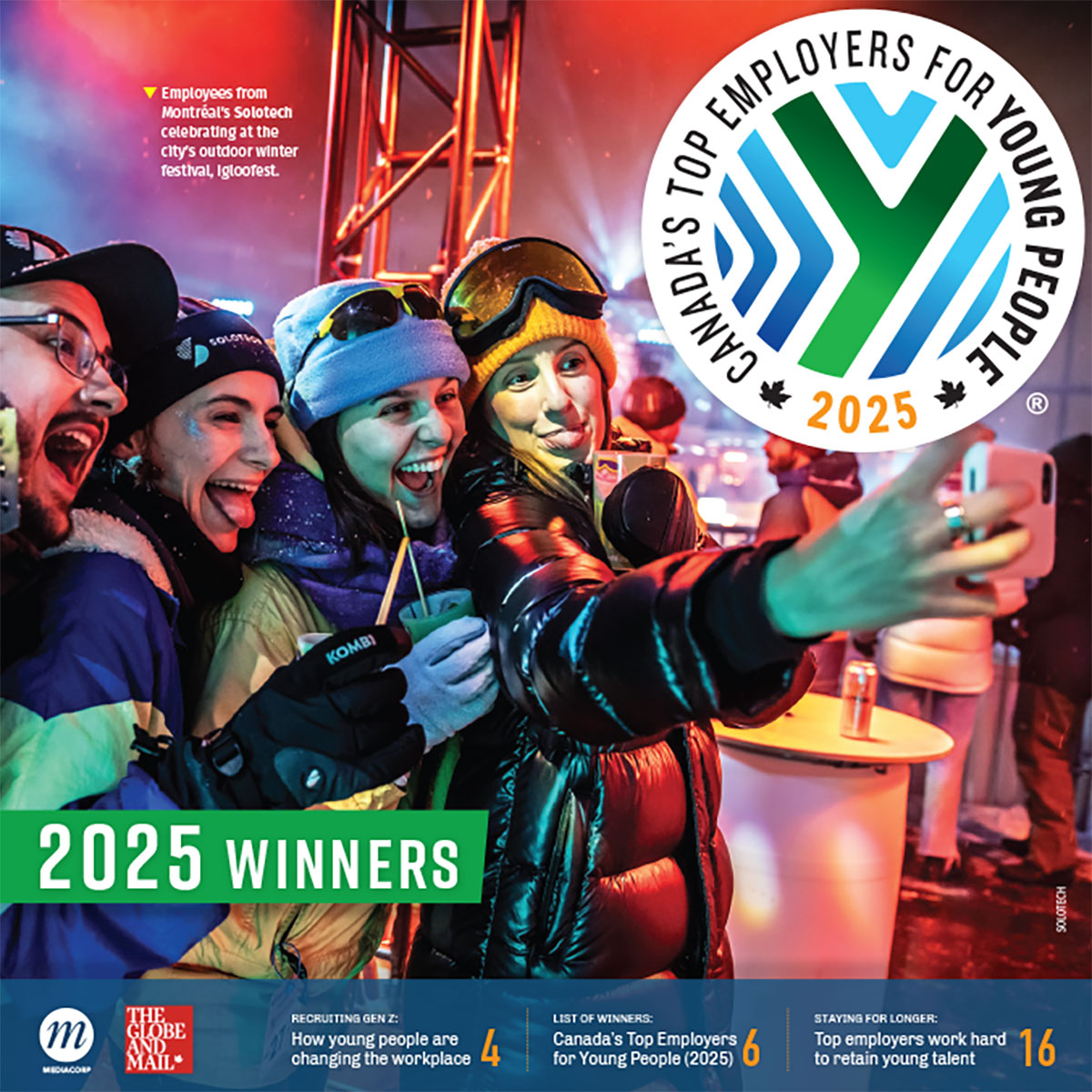 Employees from Montreal's Solotech celebrate at the city's outdoor winter festival, Igloofest, featured on the cover of Canada's Top Employers for Young People 2025 winners list.